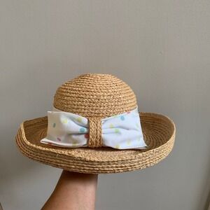 Old Country Road Sun Hat Woven 100% Straw Wide Brim Polka Dots Band Beach Pool